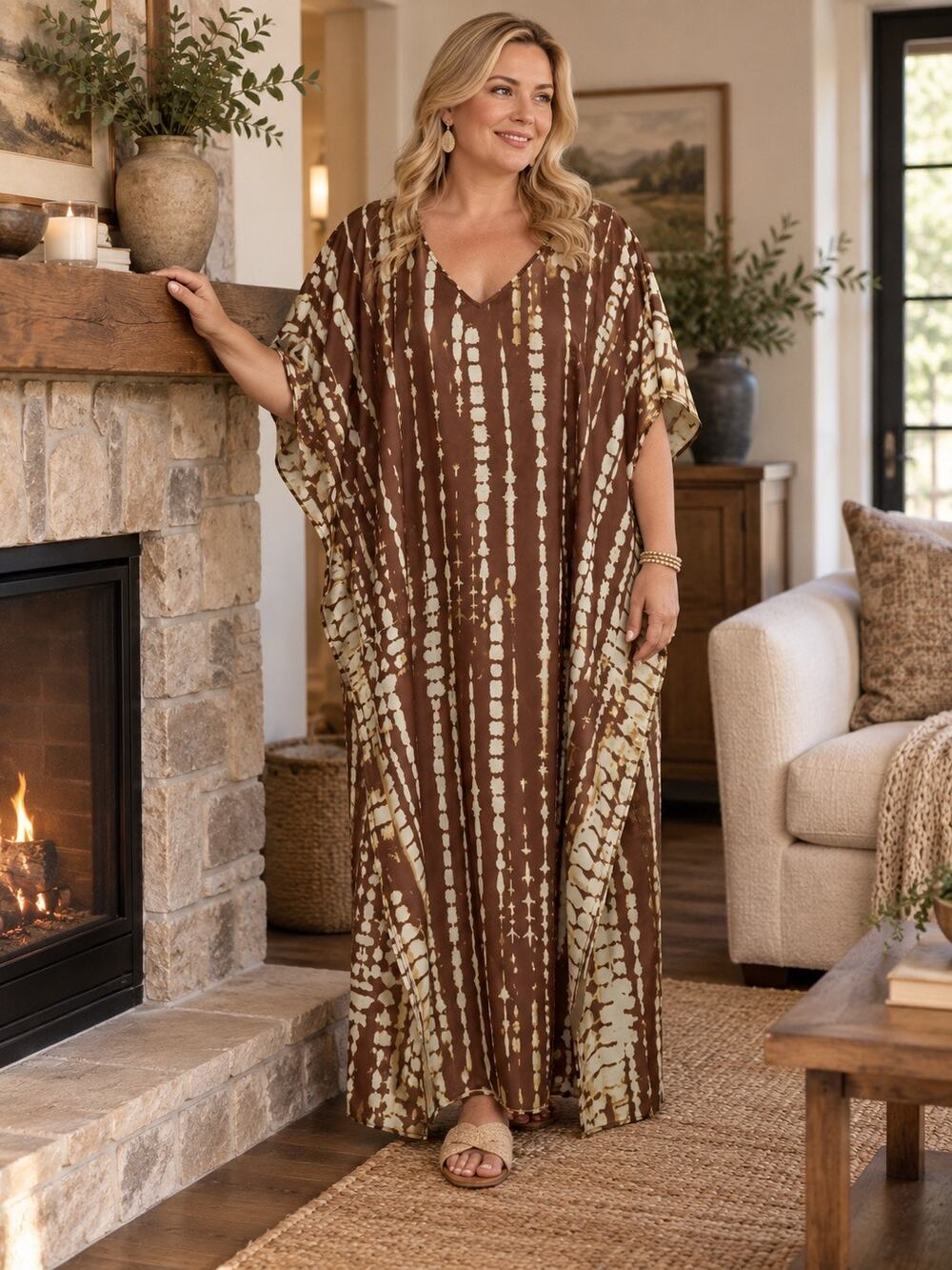 Tan & Ivory Abstract Print Caftan Maxi Dress Side Slits